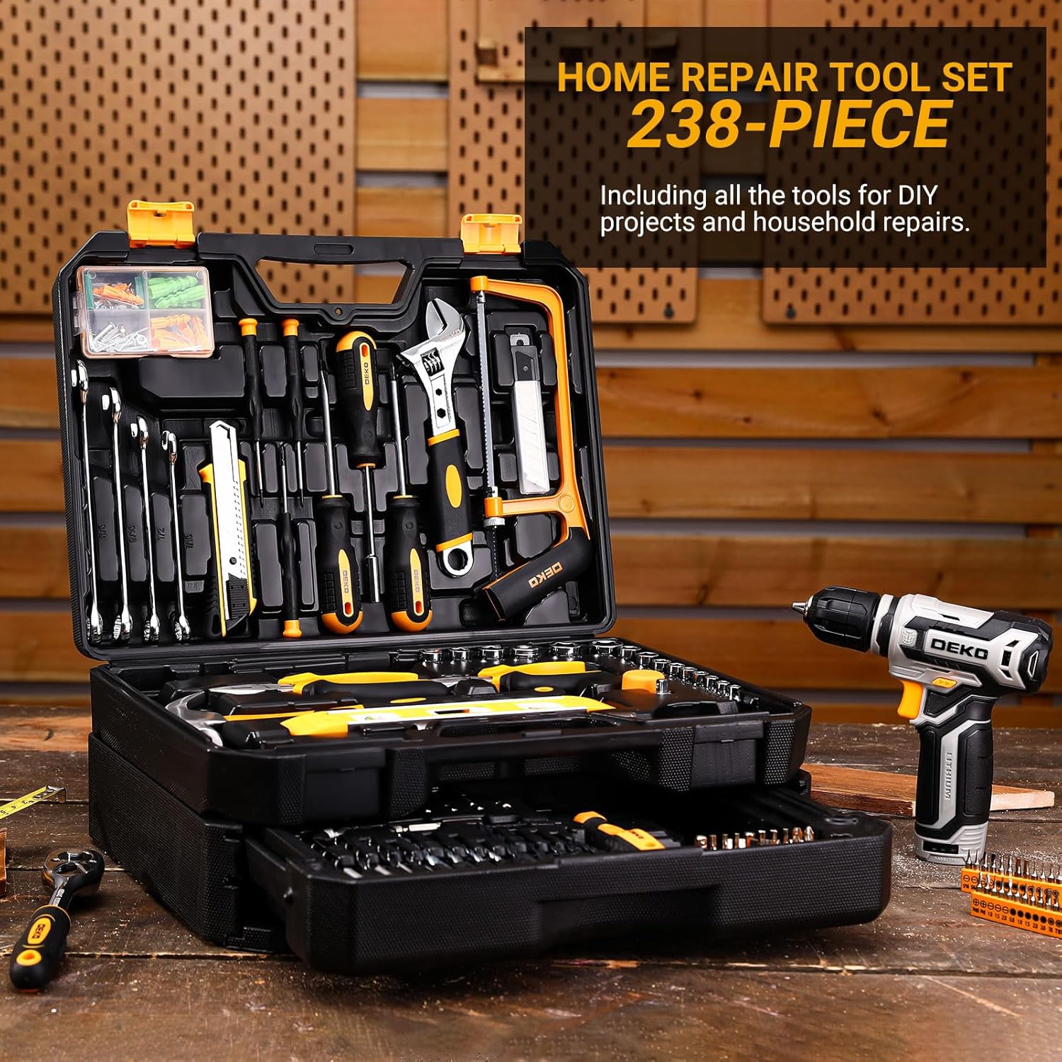 Tool Kit Box Drill Set：DEKOPRO Home Mechanic Toolbox with 12V Power Cordless Drill Hand Repair Tools Sets Combo Kits