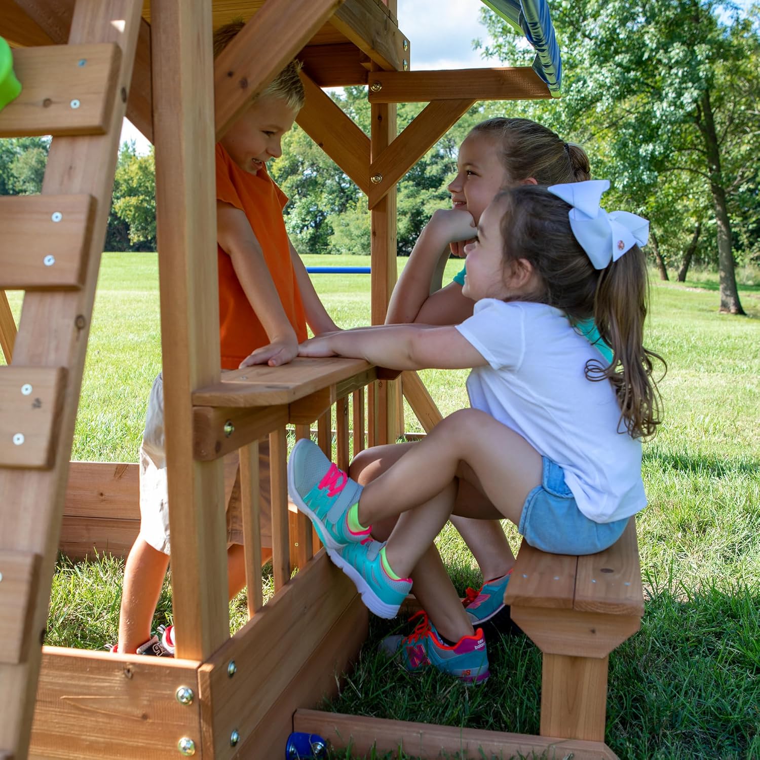 Beach Front Cedar Wood Swing Set with Wave Slide, Play Deck, Monkey Bars, Rock Wall Ladder, Shaded Picnic Area, Snack