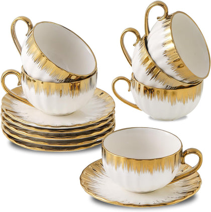 Cappuccino Cups with Saucers, 7 oz Porcelain Double Espresso Cups Set, Ceramic Turkish Coffee Cups with Gold Trim