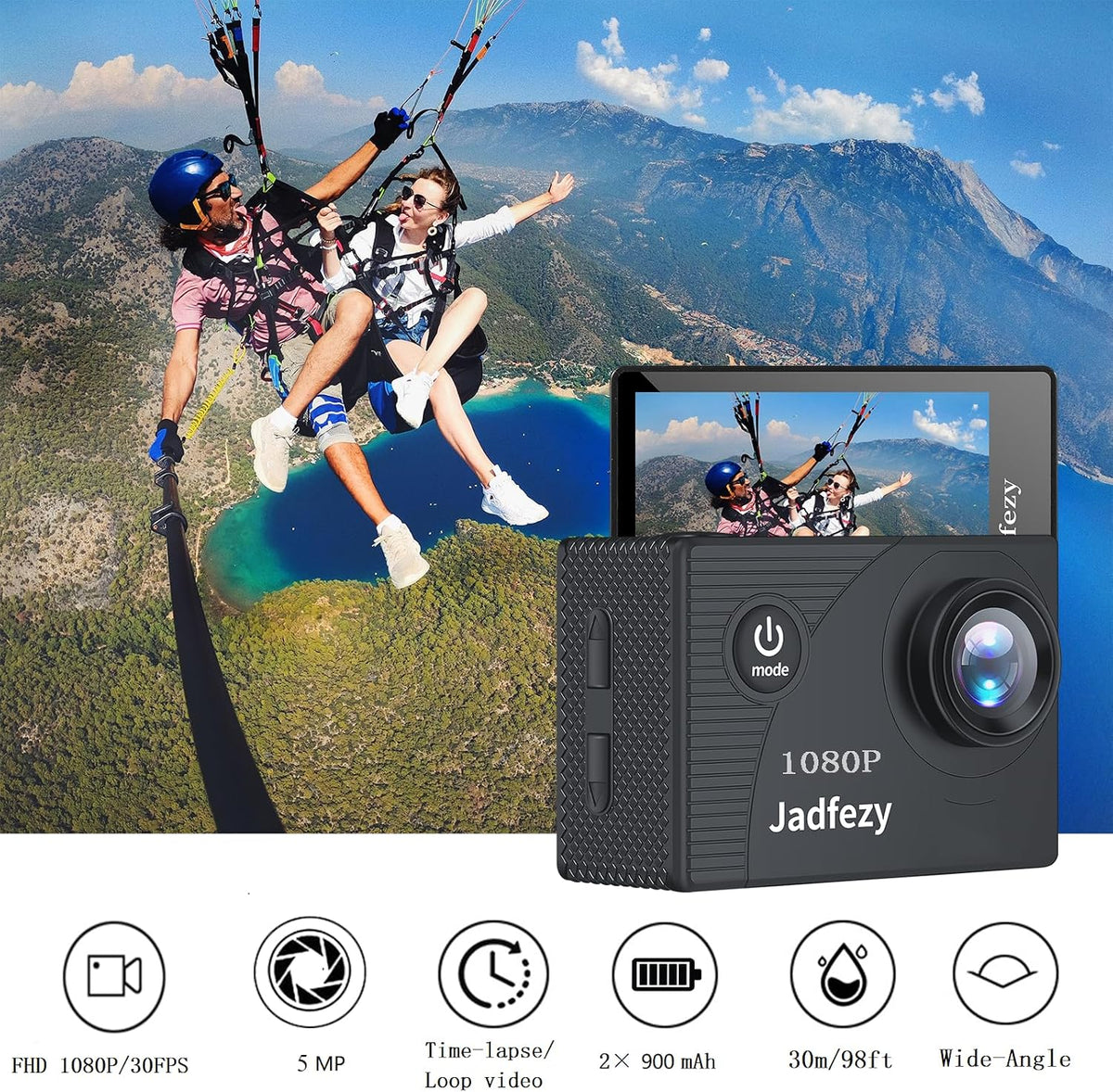 Action Camera FHD 1080P 12MP, 98FT/30M Underwater Waterproof Camera with 2 Batteries, Wide Angle Sports Camera with