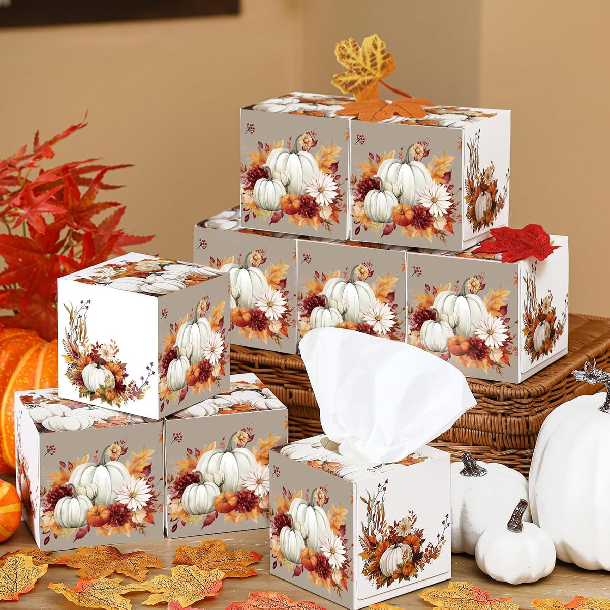 12 Pack Fall Pumpkin Facial Tissues Cube Boxes 3 Ply 600 Sheets
