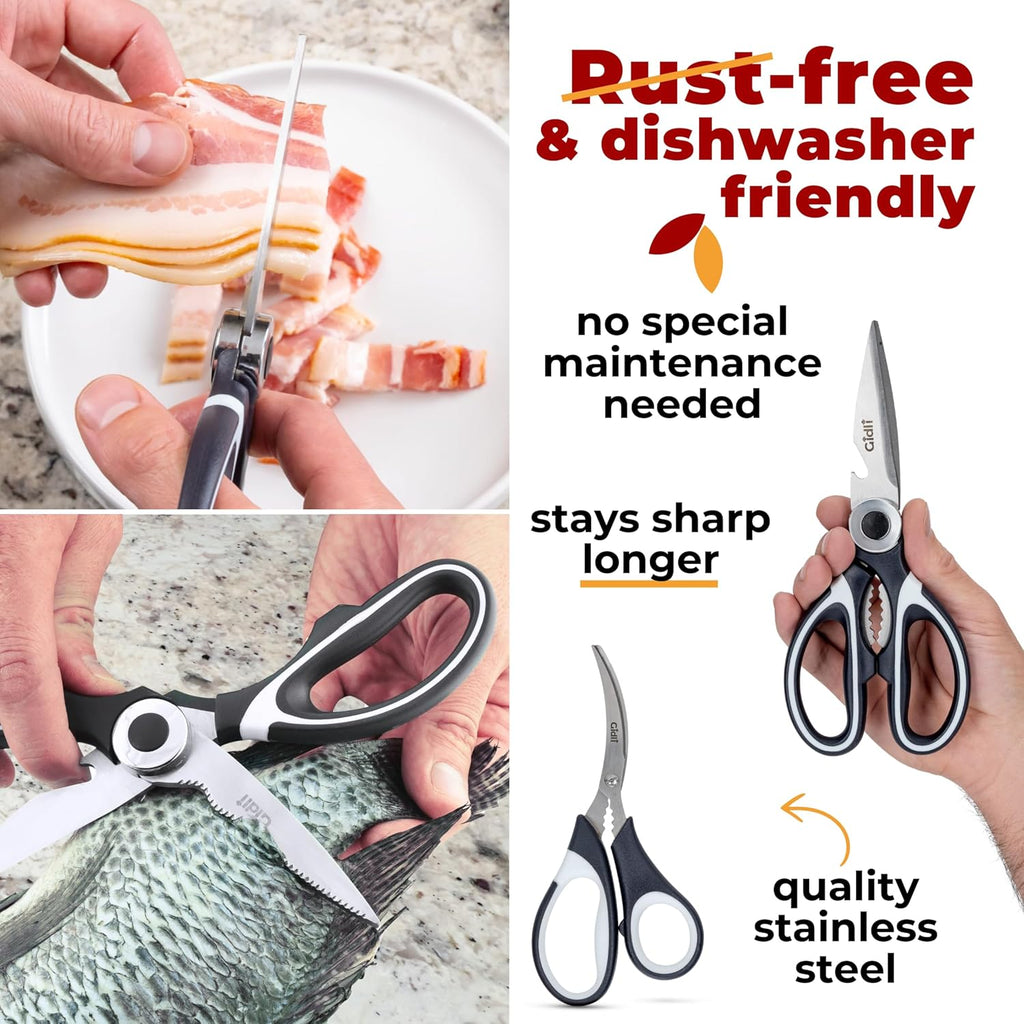 Kitchen Shears by Gidli - Liftime Replacement Warranty* - Includes Seafood Scissors As a Bonus - Heavy Duty Utility