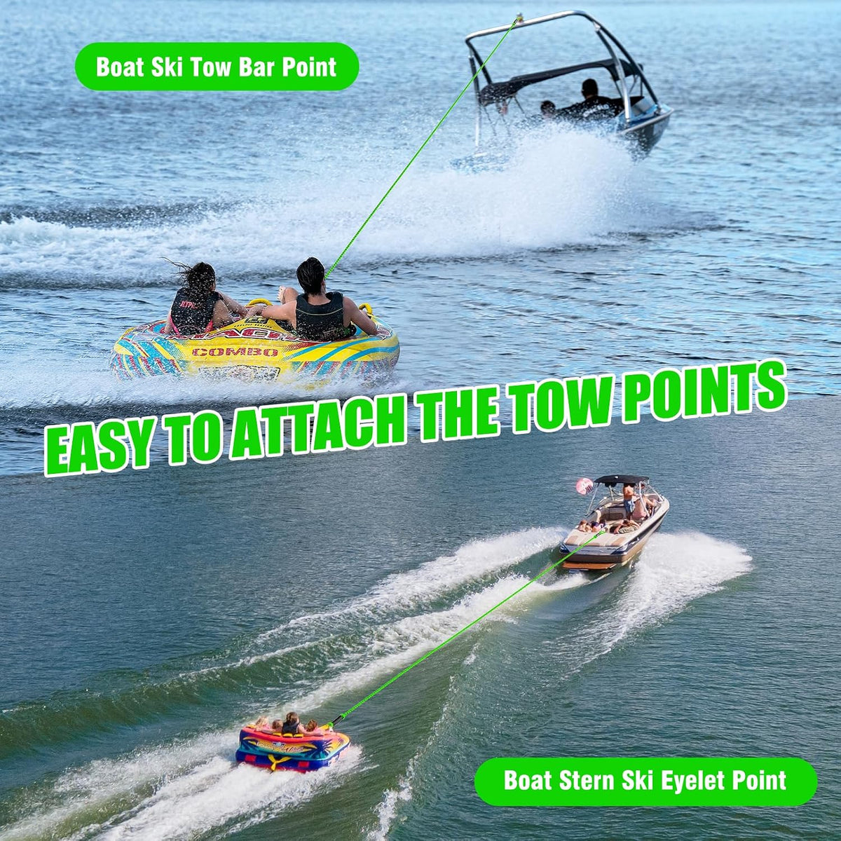 4-6K 60FT Boat Tow Rope for Tubing, Fits 1-4 Person Towable Tubes Boating, Heavy-Duty Floating Tube Tow Rope for