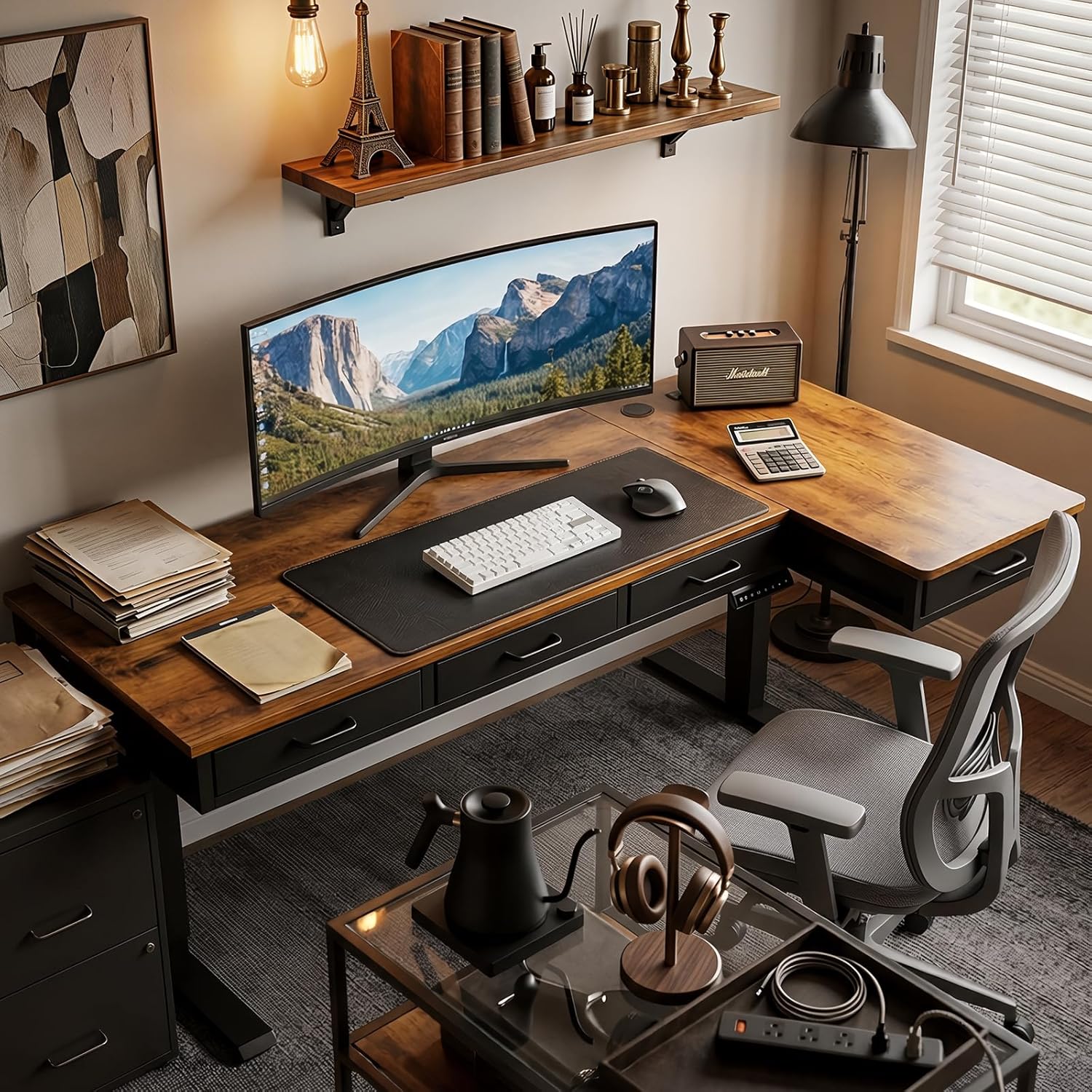 63 Inch L Shaped Electric Standing Desk with Drawers, Height Adjustable Large Desk with Power Outlets, Sit Stand