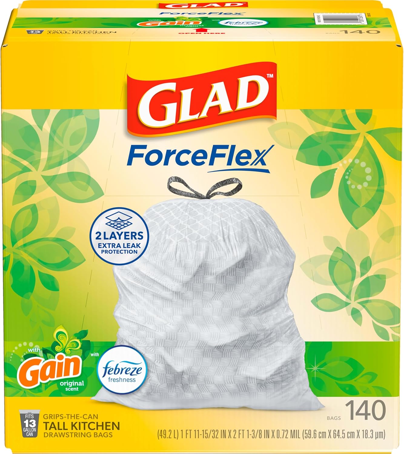 ForceFlex Tall Kitchen Trash Bags, 13 Gallon, Gain Original, 140 Count (Package May Vary)