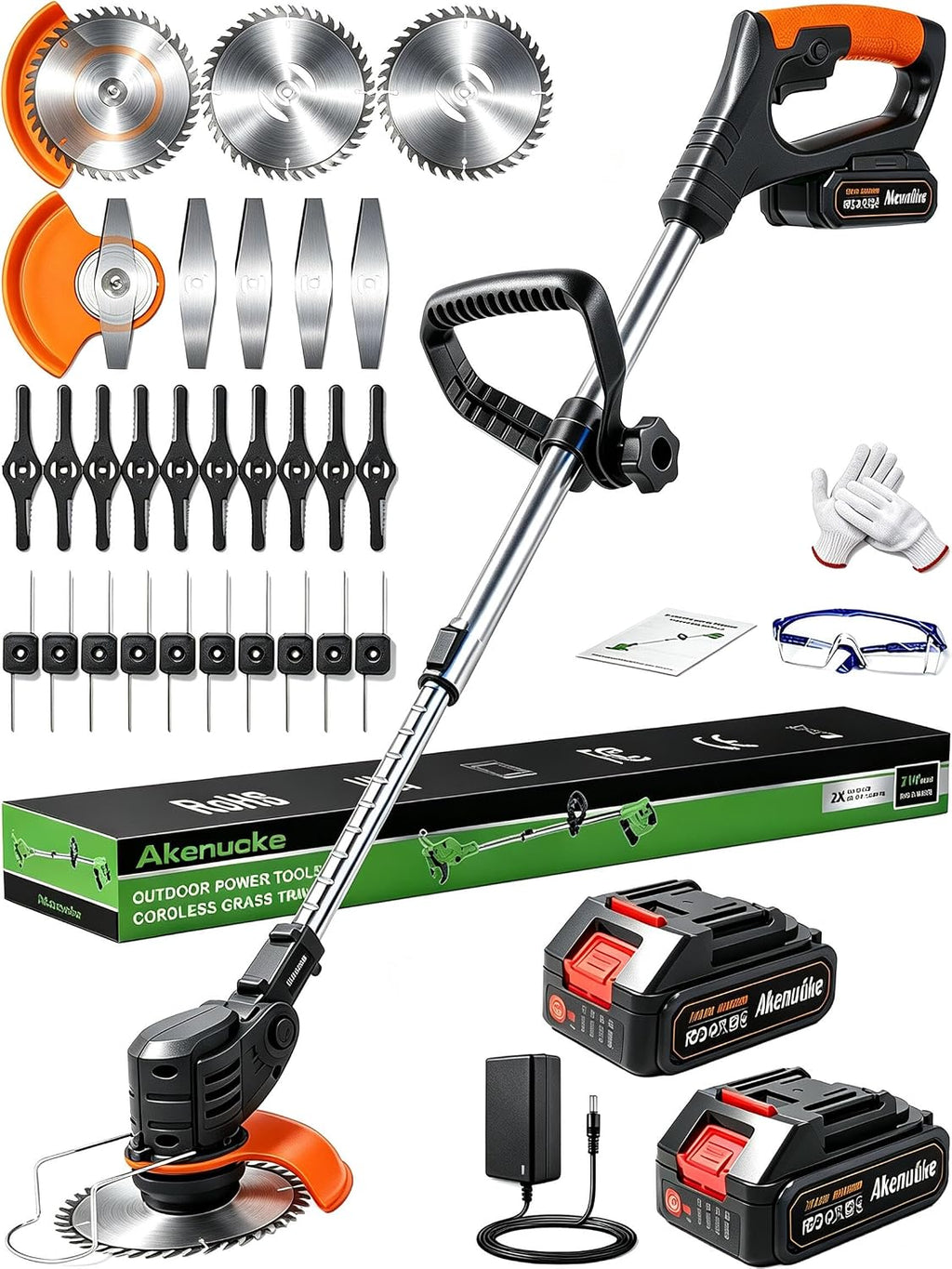 Cordless Weed Wacker with 2 Batteries & Charger, 26 Metal/Plastic Blades | Electric Grass Trimmer, Lightweight