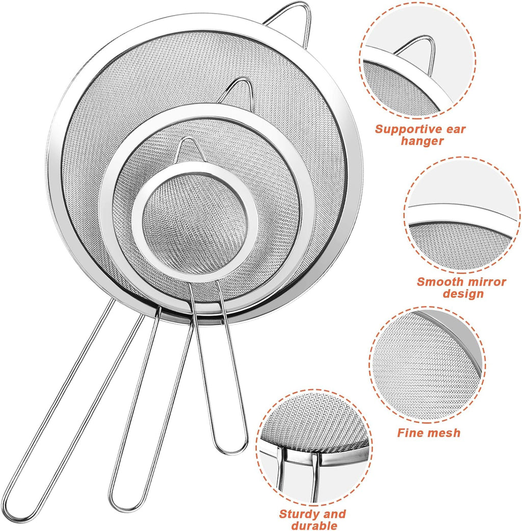 Fine Mesh Strainer, 3-Piece Stainless Steel Colander Sifter Set with Handle