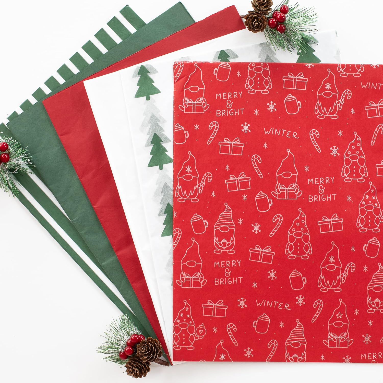 Beautiful Christmas Tissue Wrapping Paper Sheets for Gift Bags - Set of 120 Quality Tissue Papers with 6 Festive