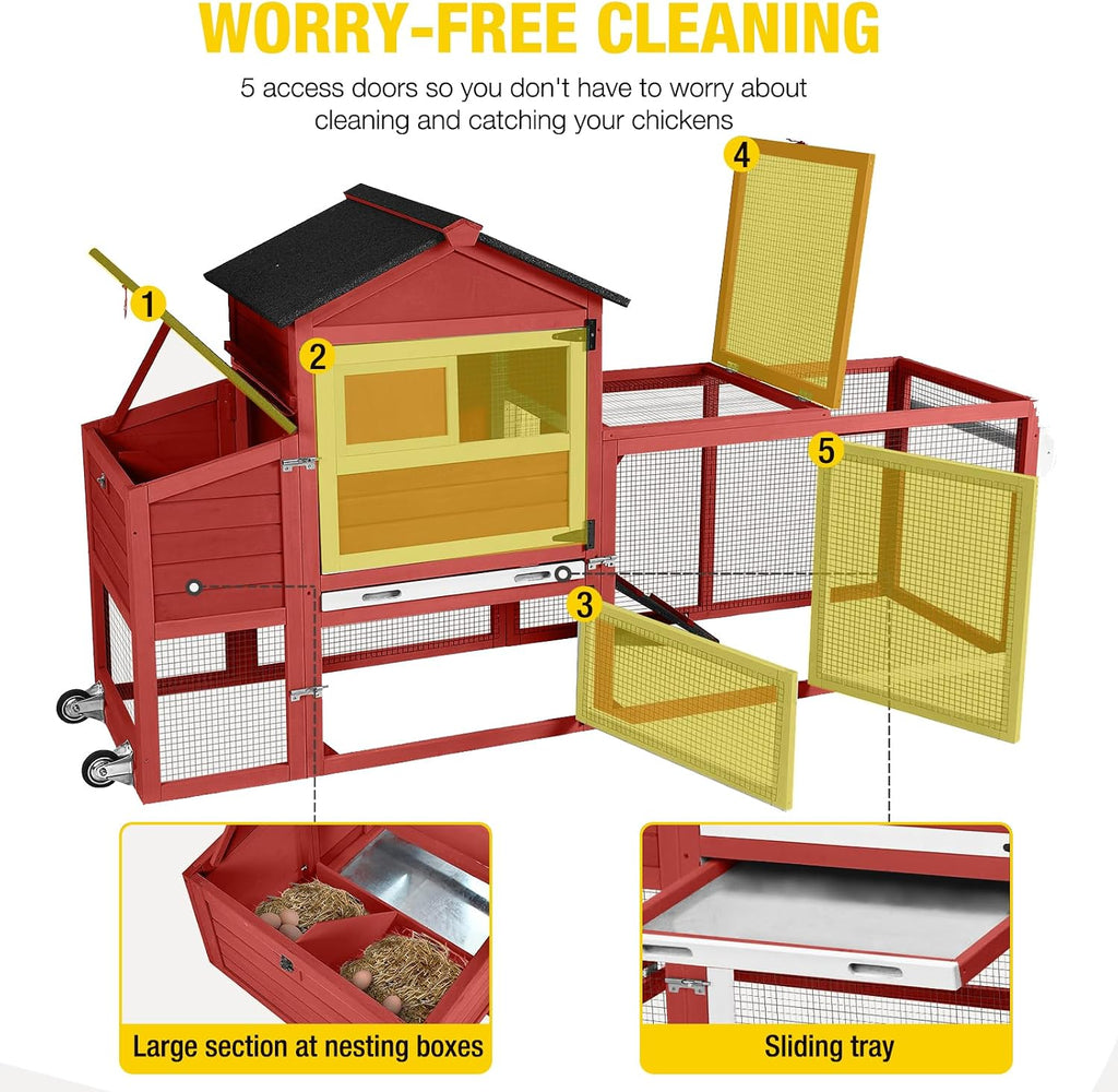 Large Chicken Coop with Wheels, Outdoor Hen House Mobile Poultry Cage with Run, Weatherproof Asphalt Roof