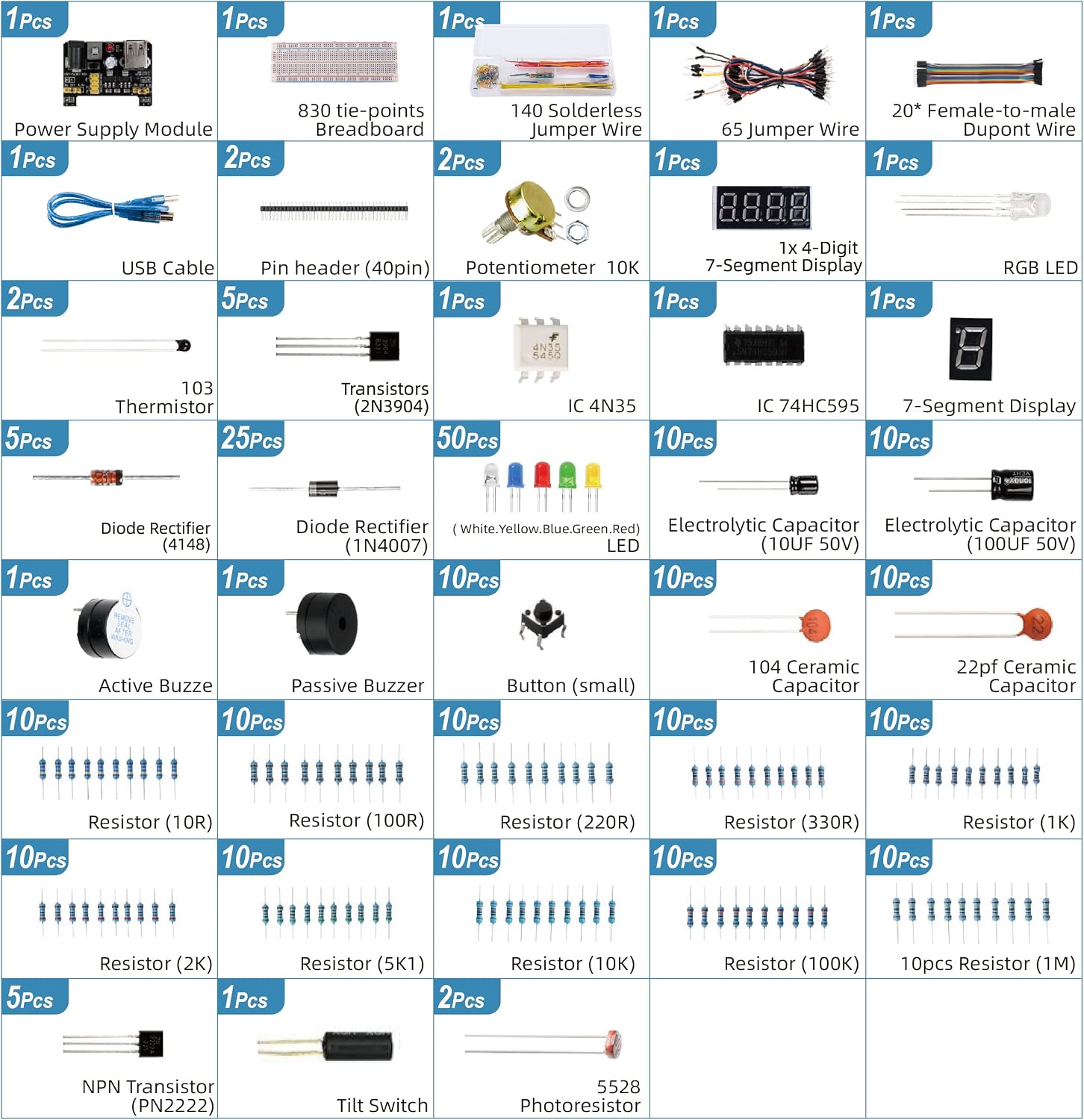 Electronics Component Kit with Breadboard Compatible with Arduino | Power Supply Module, Jumper Wires, Potentiometer