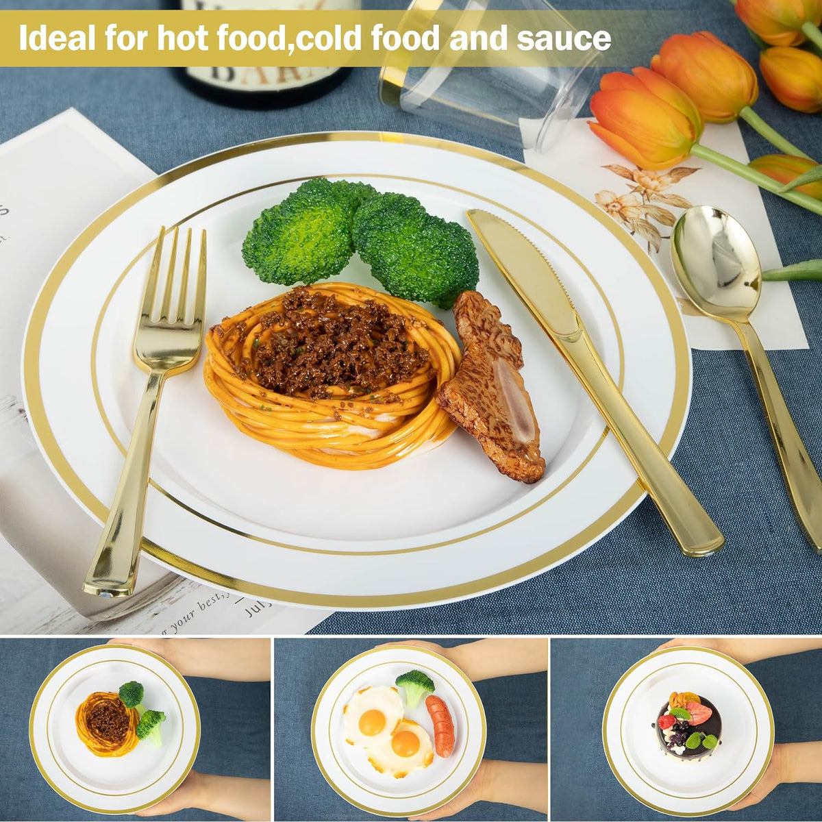 600PCS White and Gold Plastic Plates, Disposable Dinnerware Set