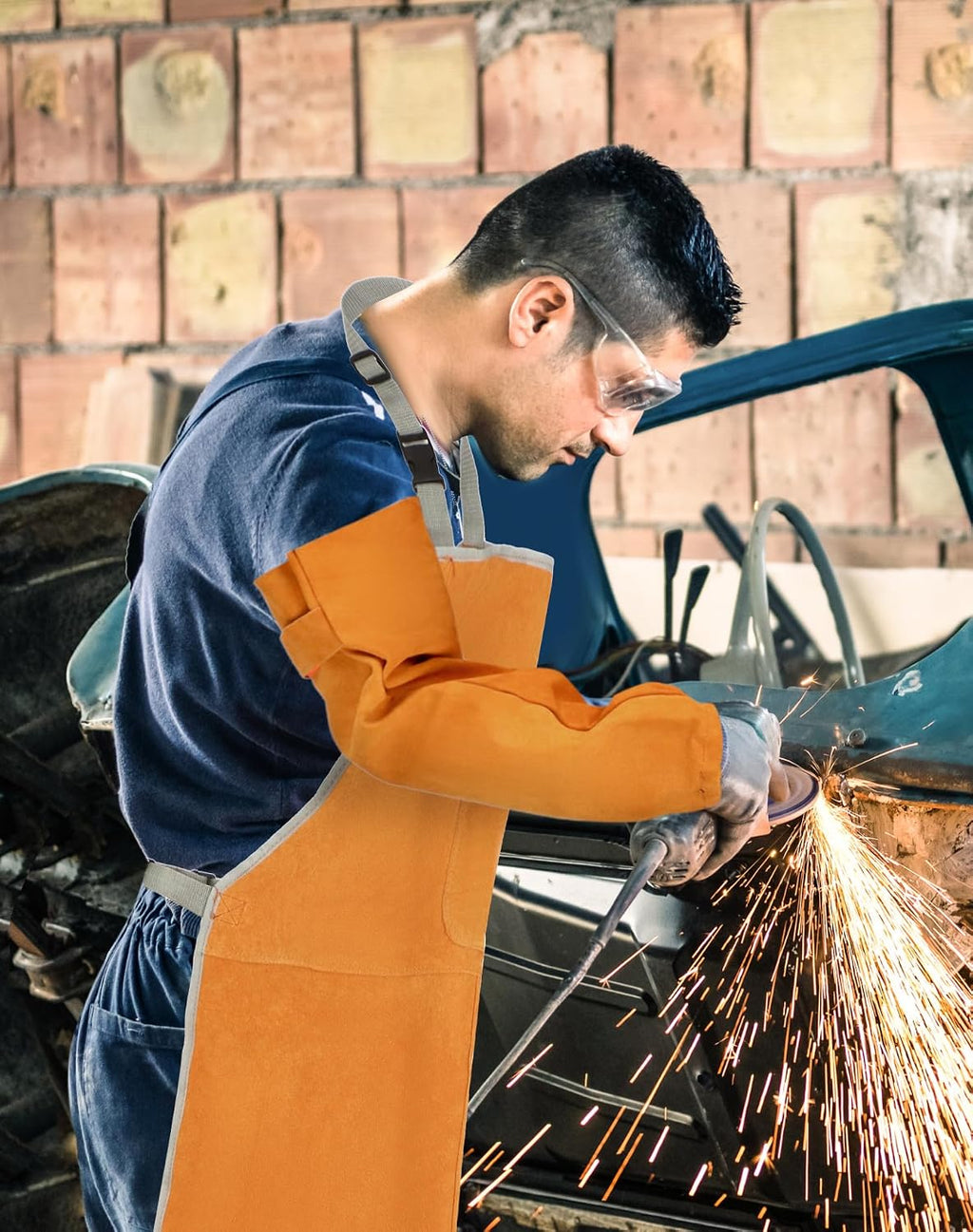Welding Apron& Sleeves, Welding Work Protectors Set, Heat and Flame Resistant Leather Work Shop, Blacksmith