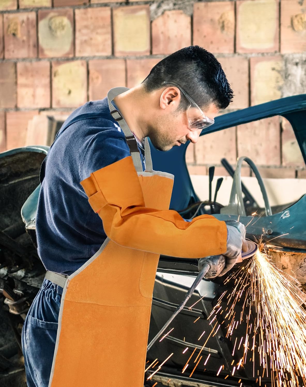Welding Apron& Sleeves, Welding Work Protectors Set, Heat and Flame Resistant Leather Work Shop, Blacksmith