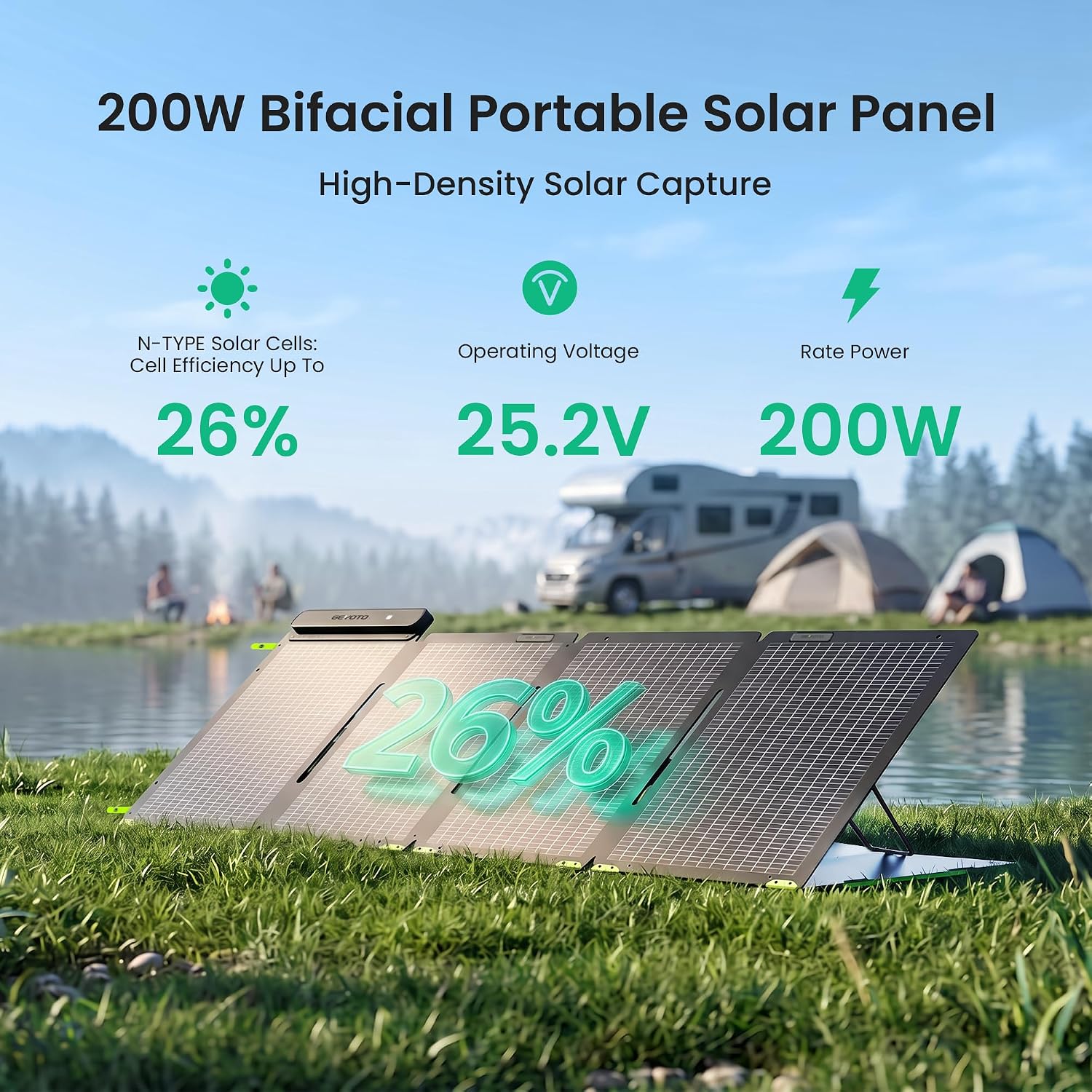 200W Bifacial Portable Solar Panel for Camping, RV & Power Stations | 26% N-Type Cells, Foldable Design, Reflective