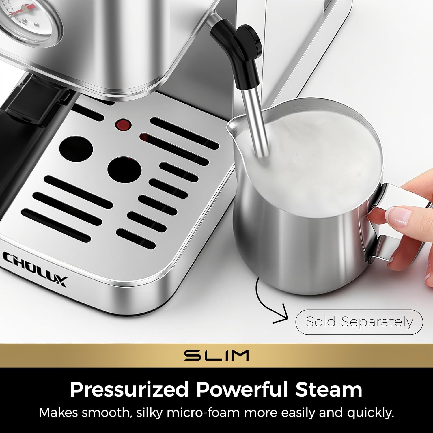 Slim Espresso Machine with Milk Frother for Home Cappuccino & Latte | Precise Pressure Gauge, Food-Grade Materials