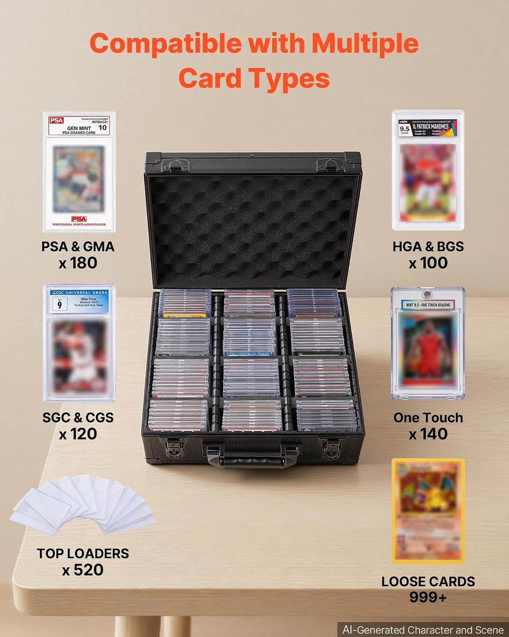 Graded Card Case 3 Row 180 PSA Slab Storage Box with Mechanical Lock, Baseball Sports Trading Cards Holder Collector