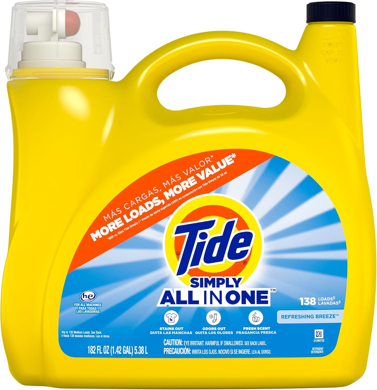 Simply Liquid Laundry Detergent, Refreshing Breeze Scent, All-In-One Detergent, 138 Loads, 173 fl oz