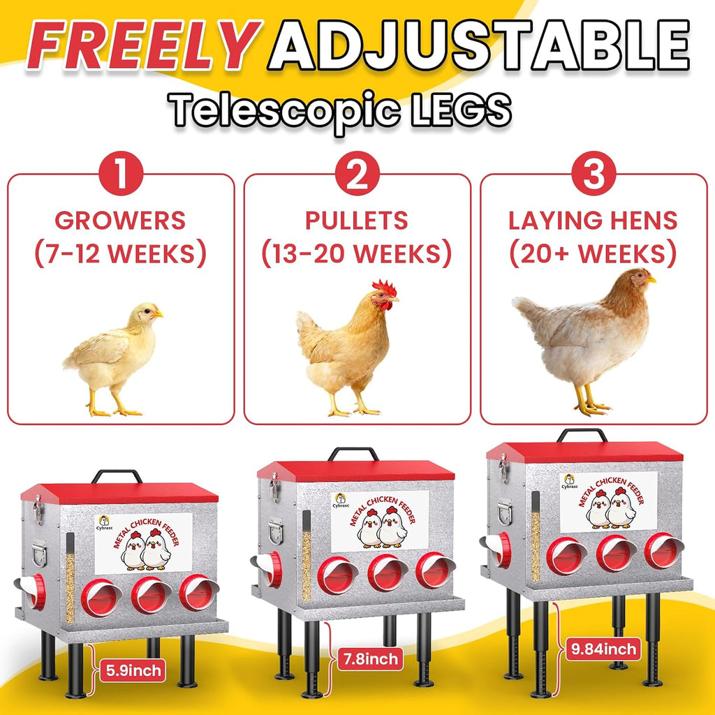 10-Gallon Metal Automatic Chicken Feeder with 8 No-Waste Feeding Ports