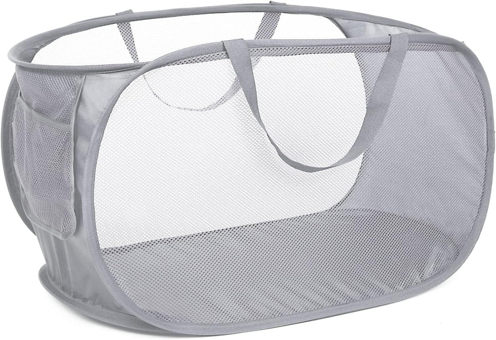 Durable Collapsible Laundry Baskets, Mesh Pop Up Laundry Hamper with Side Pocket, Foldable Clothes Storage Hamper