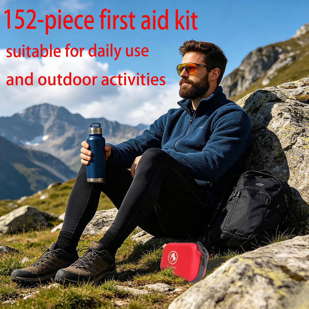 First Aid Kit 152 Piece Waterproof Hard Shell Portable Medical Kit, Red