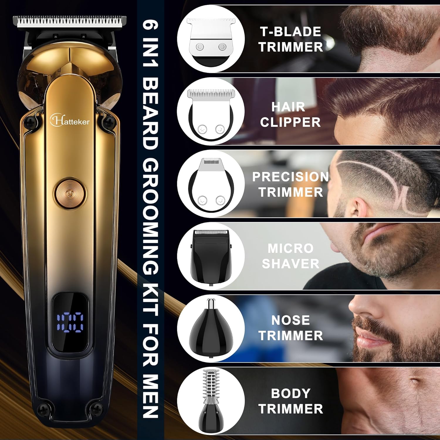 Men's Beard Trimmer Kit Electric Razor Shaver Professional Hair Clipper with Zero Gapped T-Blade Nose Ear Beard Body