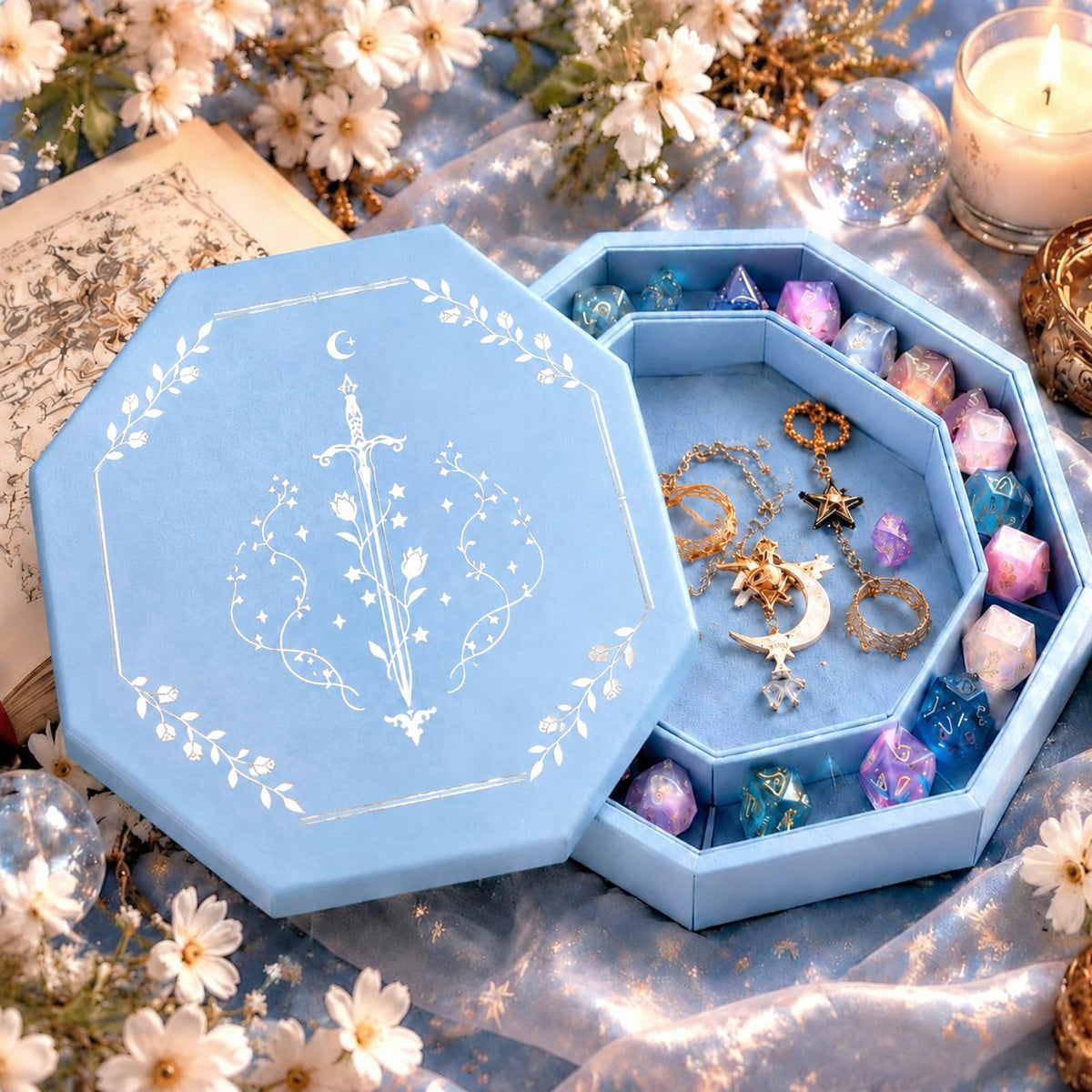 Dice Tray for RPG, 9 Inch Blue Long Sword Velvet Hexagon Dice Tray