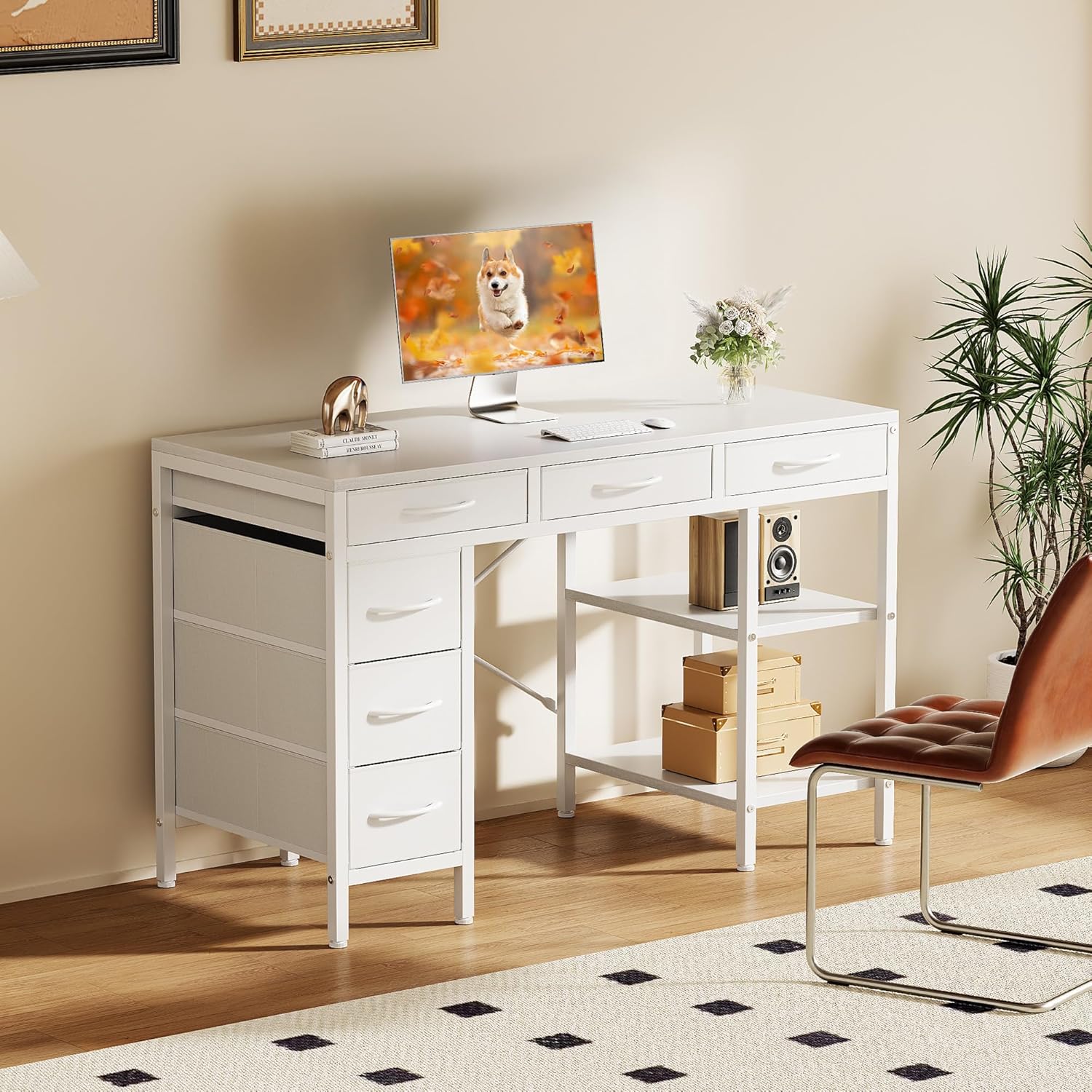 47" Computer Desk with 6 Drawers, Home Office Gaming Desks with Storage Shelves for Bedroom, Writing Study Corner