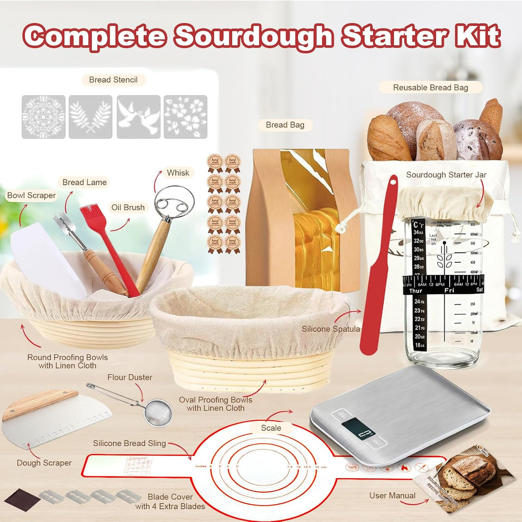 Sourdough Starter Kit with Scale, Glass Jar, Banneton Bread Proofing Basket