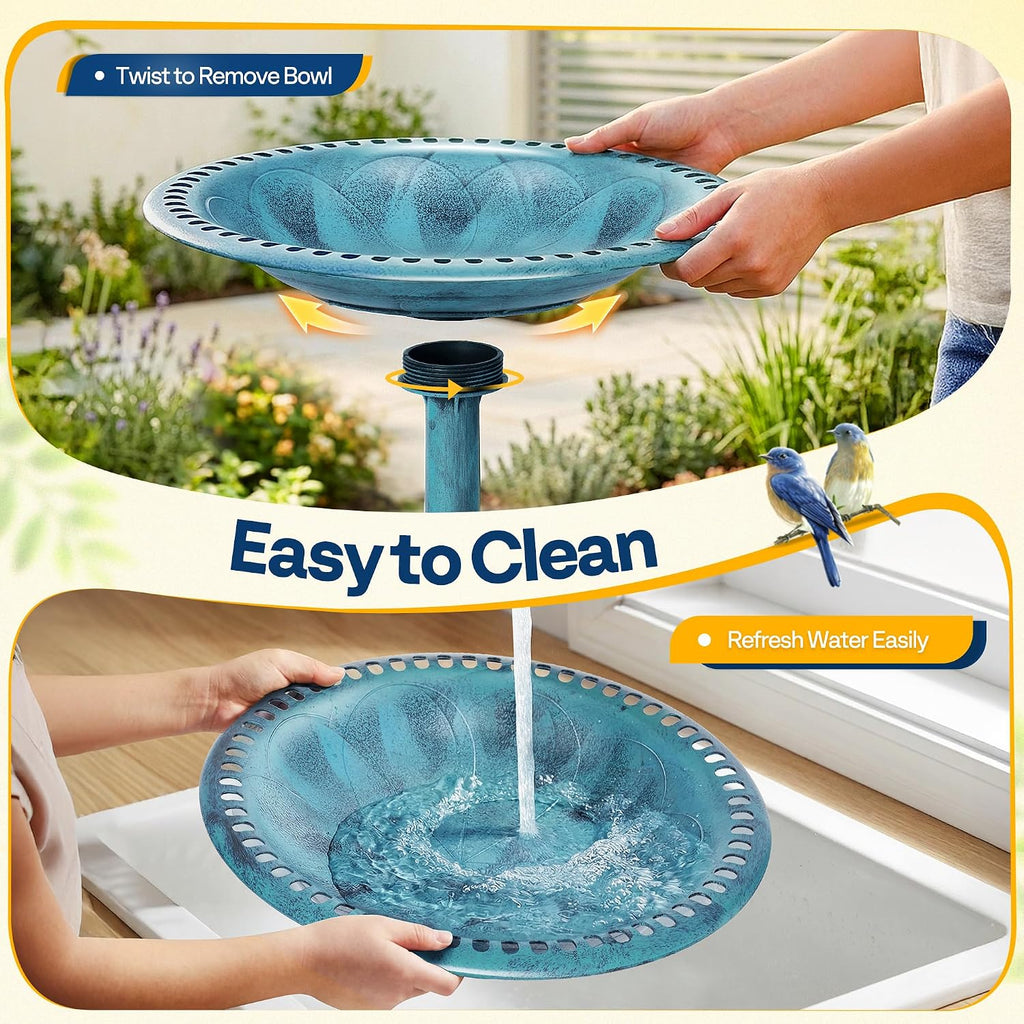 Bird Bath for Outside, Polyresin Pedestal Birdbath, Blue