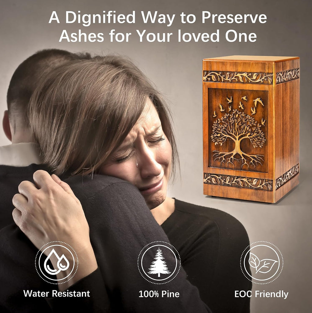 Wooden Cremation Urn for Human Ashes Adult Male Female 250 lbs, Engraved Tree of Life Decorative Funeral Urns Box and