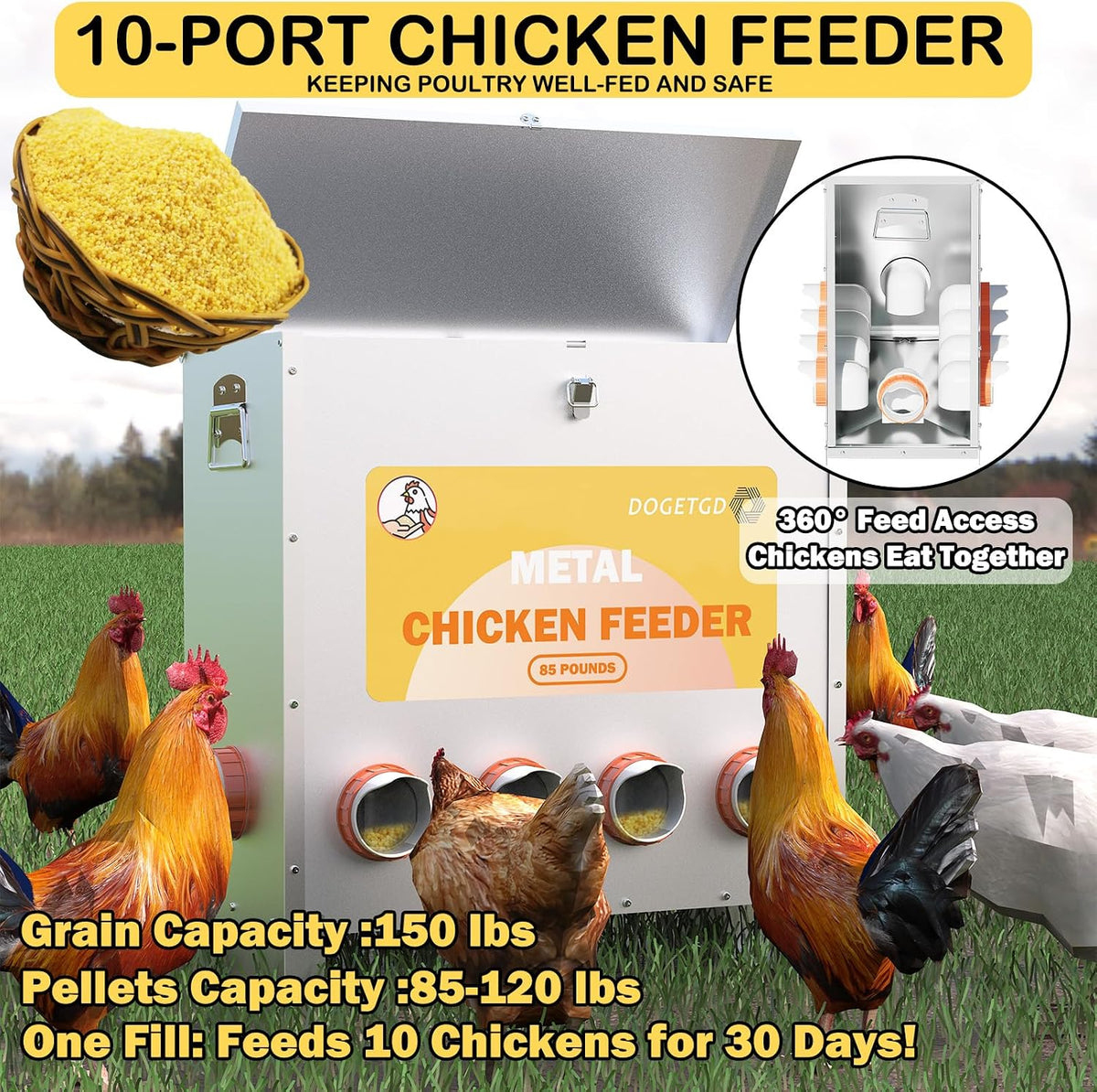 Automatic Chicken Feeder No Waste Metal Poultry Feeder Large Capacity 85lbs for Chickens, Geese, Ducks, Turkeys