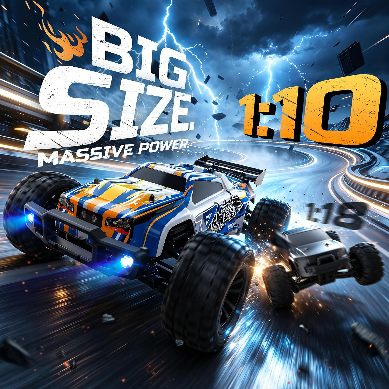 1:10 Large High Speed Remote Control Car with LED Shell Lights, 48+ KM/H, 4WD Offroad Monster Truck for Adults &
