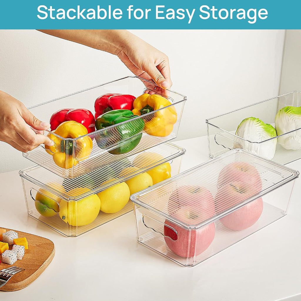 8pcs Clear Organizers and Storage Bins with Lids, Stackable Plastic Storage Containers with Handles for Fridge