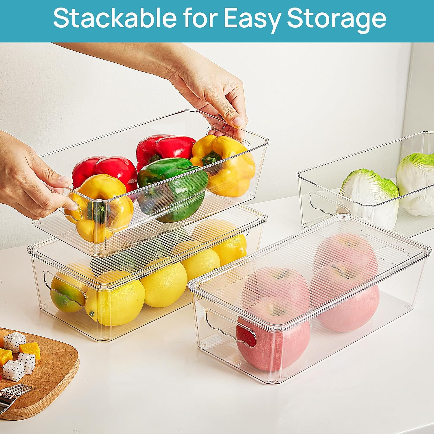 8pcs Clear Organizers and Storage Bins with Lids, Stackable Plastic Storage Containers with Handles for Fridge