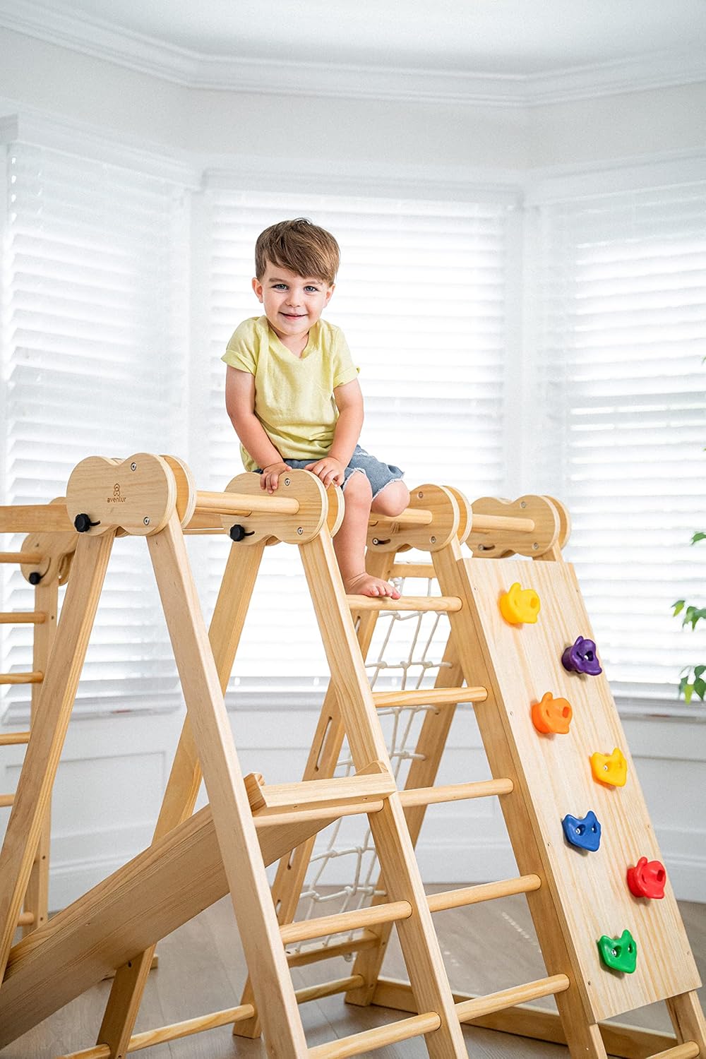 7-in-1 Indoor Playset for Kids 2-6 with Slide, Climbing Wall, Ladder, Net, Bars, Swing, Ring - USA