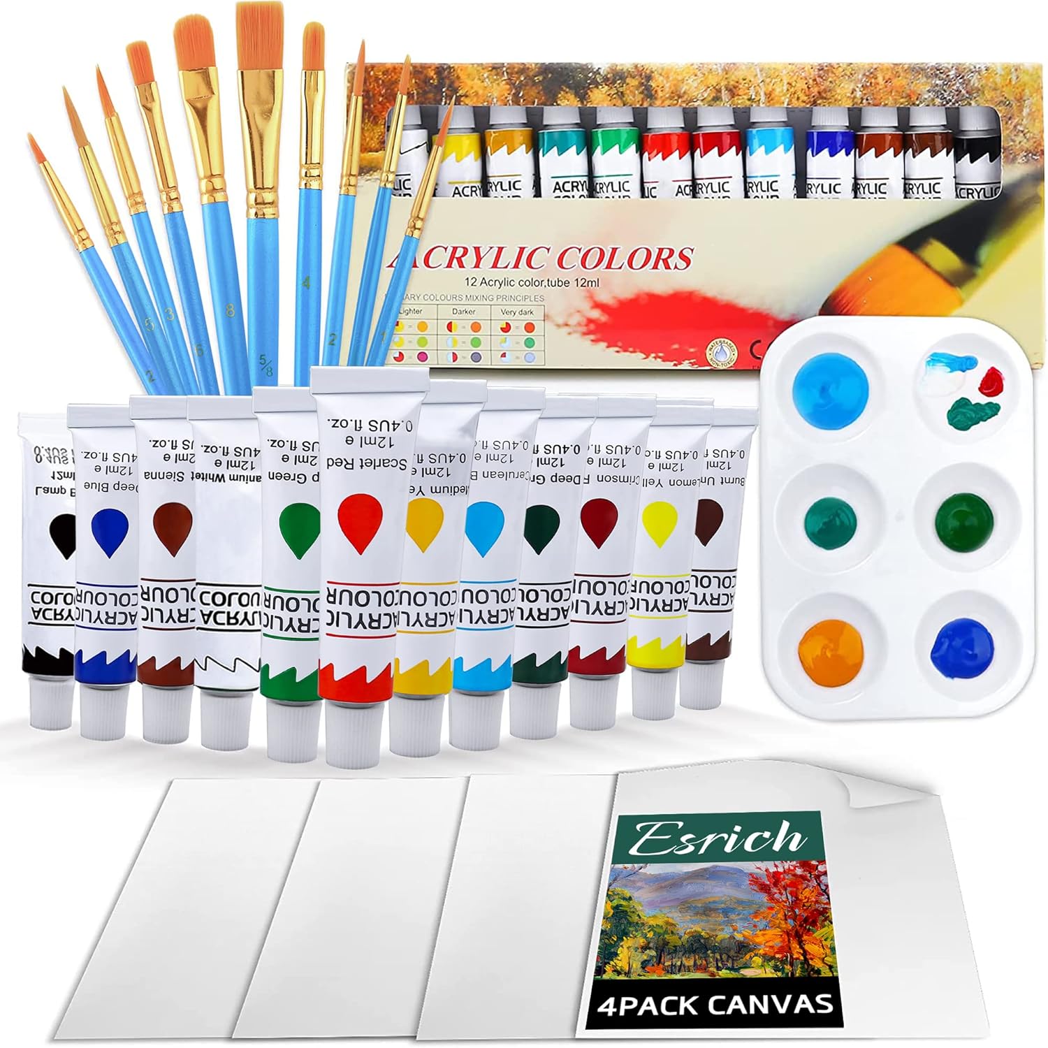 Acrylic Paint Set,Paint Set with 10 Paint Brushes12 Color 12ml Acrylic Paint,1 Palettes and 4 Pcs Canvas for