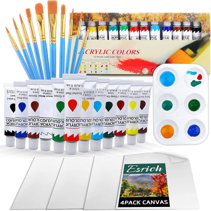 Acrylic Paint Set,Paint Set with 10 Paint Brushes12 Color 12ml Acrylic Paint,1 Palettes and 4 Pcs Canvas for