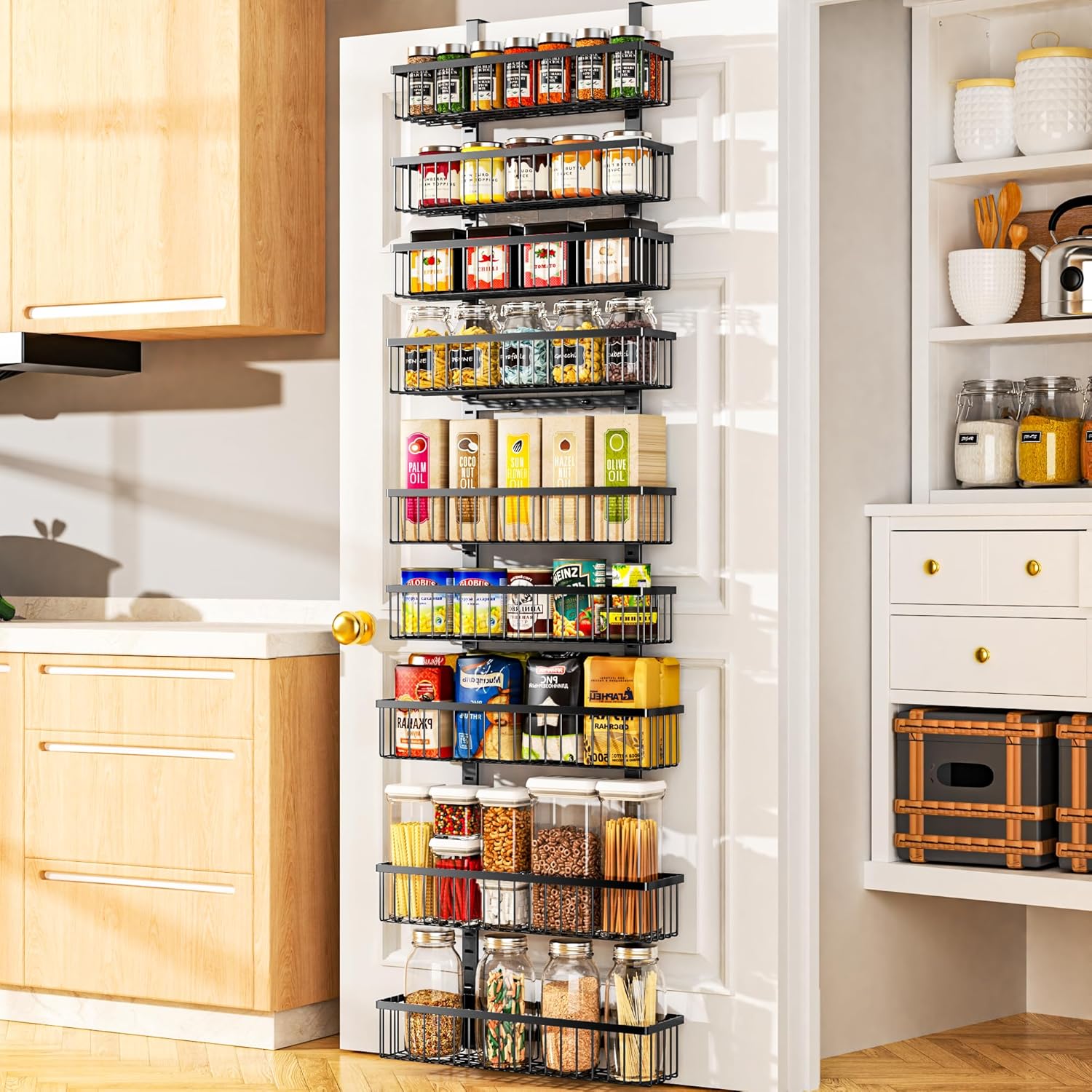 9-Tier Over The Door Pantry Organizer, Pantry Organization and Storage, Black Hanging Basket Wall Spice Rack