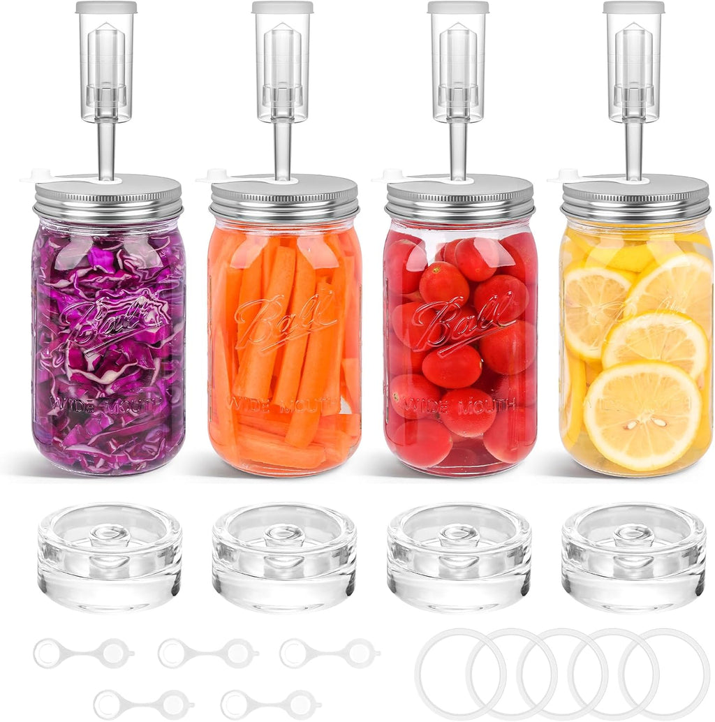 Fermentation Kit Set for Wide Mouth Mason Jar,Sauerkraut/Pickling Kit with 4 Glass Fermentation Weights,4 Fermenting
