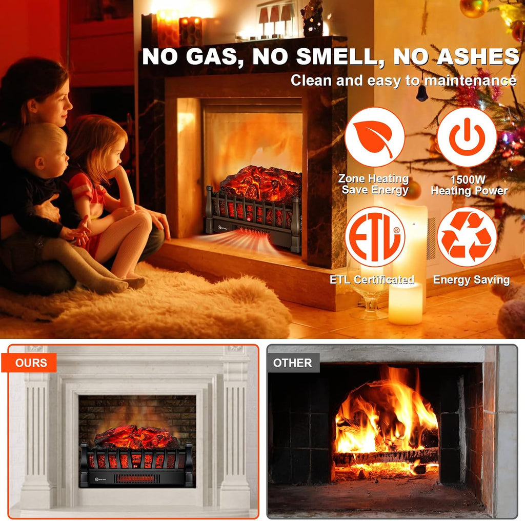 Electric Fireplace Logs Inserts Heater with Remote Control for Home Decor | 5 Flame Brightness, 24H Timer