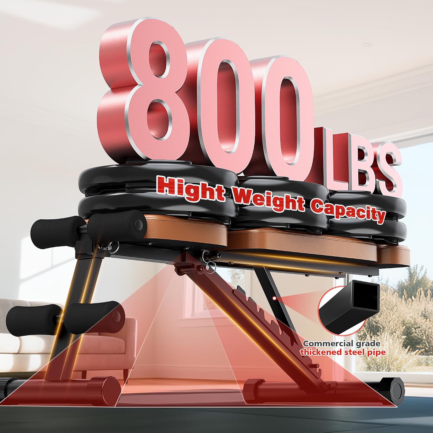 Workout Bench, 10 Backrests Adjustable Weight Bench with Extended Headrest, 800LBS Foldable Weight Bench for Home