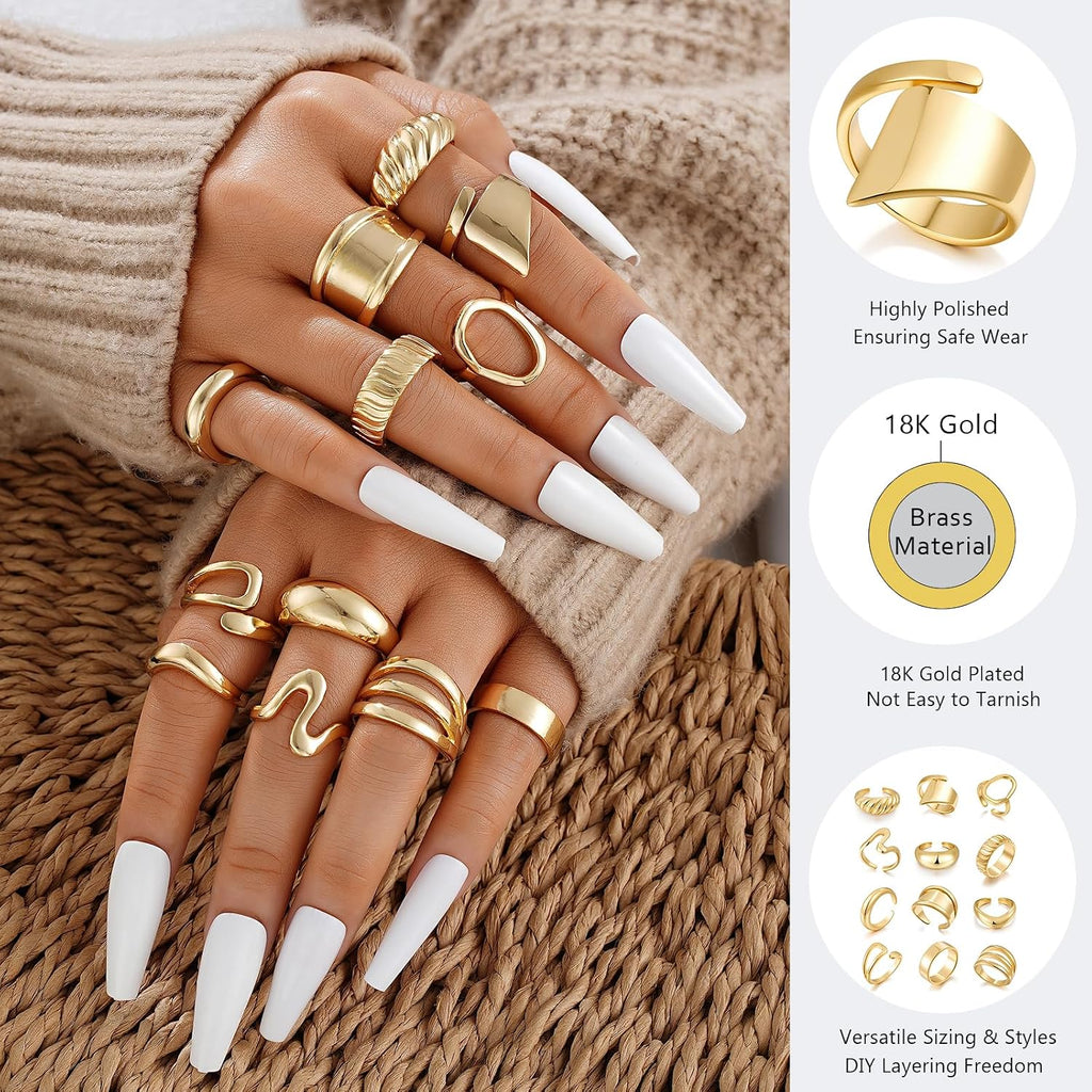 Chunky Gold Stackable Rings for Women Non Tarnish, 18K Gold-Plated Statement Open Stacking Rings, Knuckle Band Ring Set