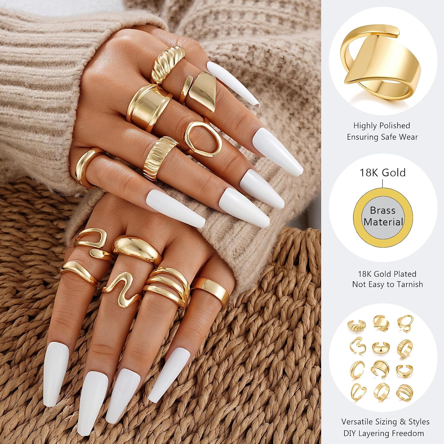 Chunky Gold Stackable Rings for Women Non Tarnish, 18K Gold-Plated Statement Open Stacking Rings, Knuckle Band Ring Set