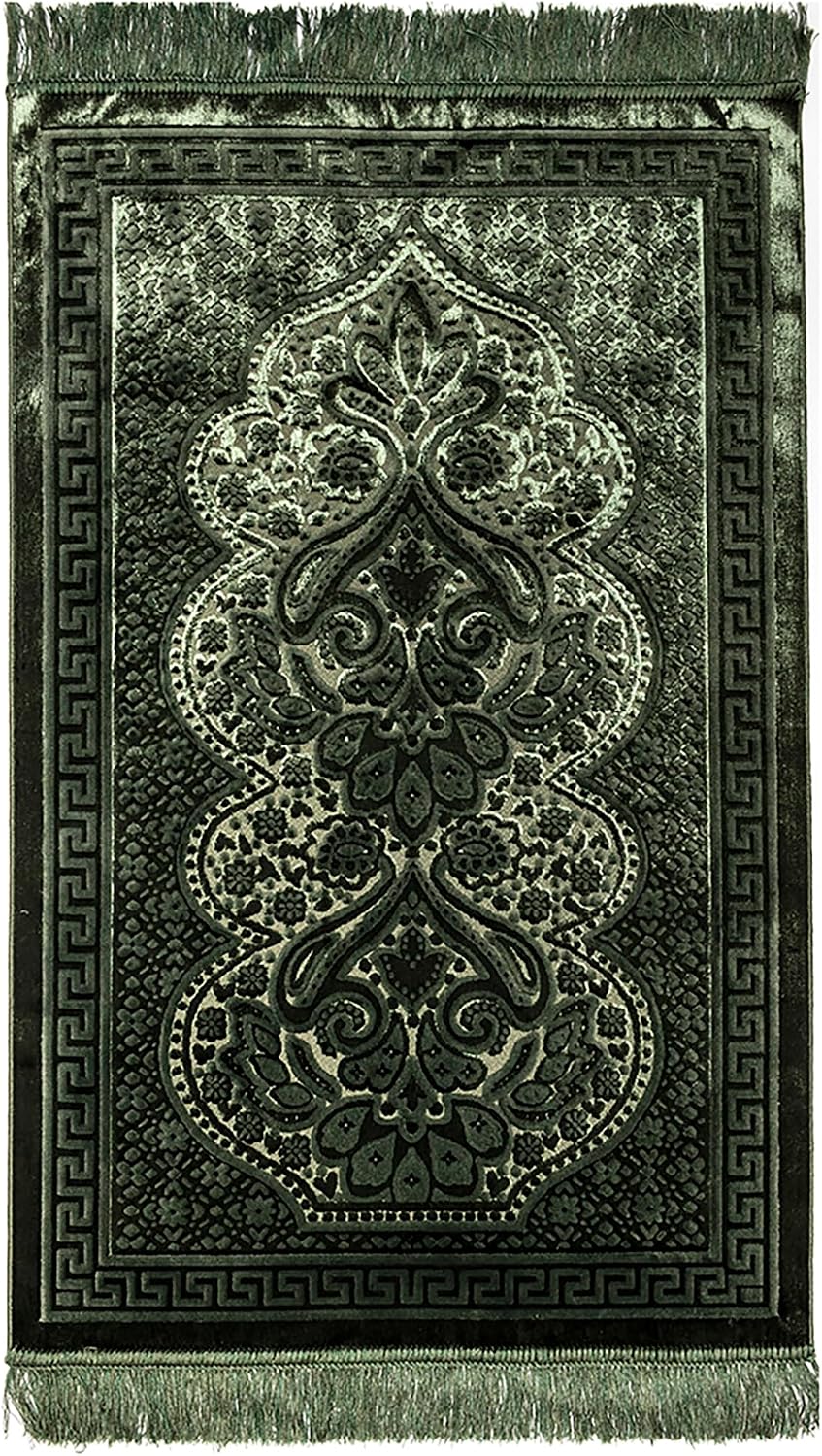 Luxury Velvet Plush Muslim Prayer Rug - Paisley (Dark Green)