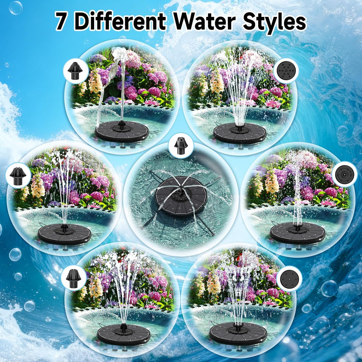 Solar Fountain, 3-Level Adjustable Water Height, 3.5W Glass Powerful Outdoor Fountain Pump with Rotating Rods & 7
