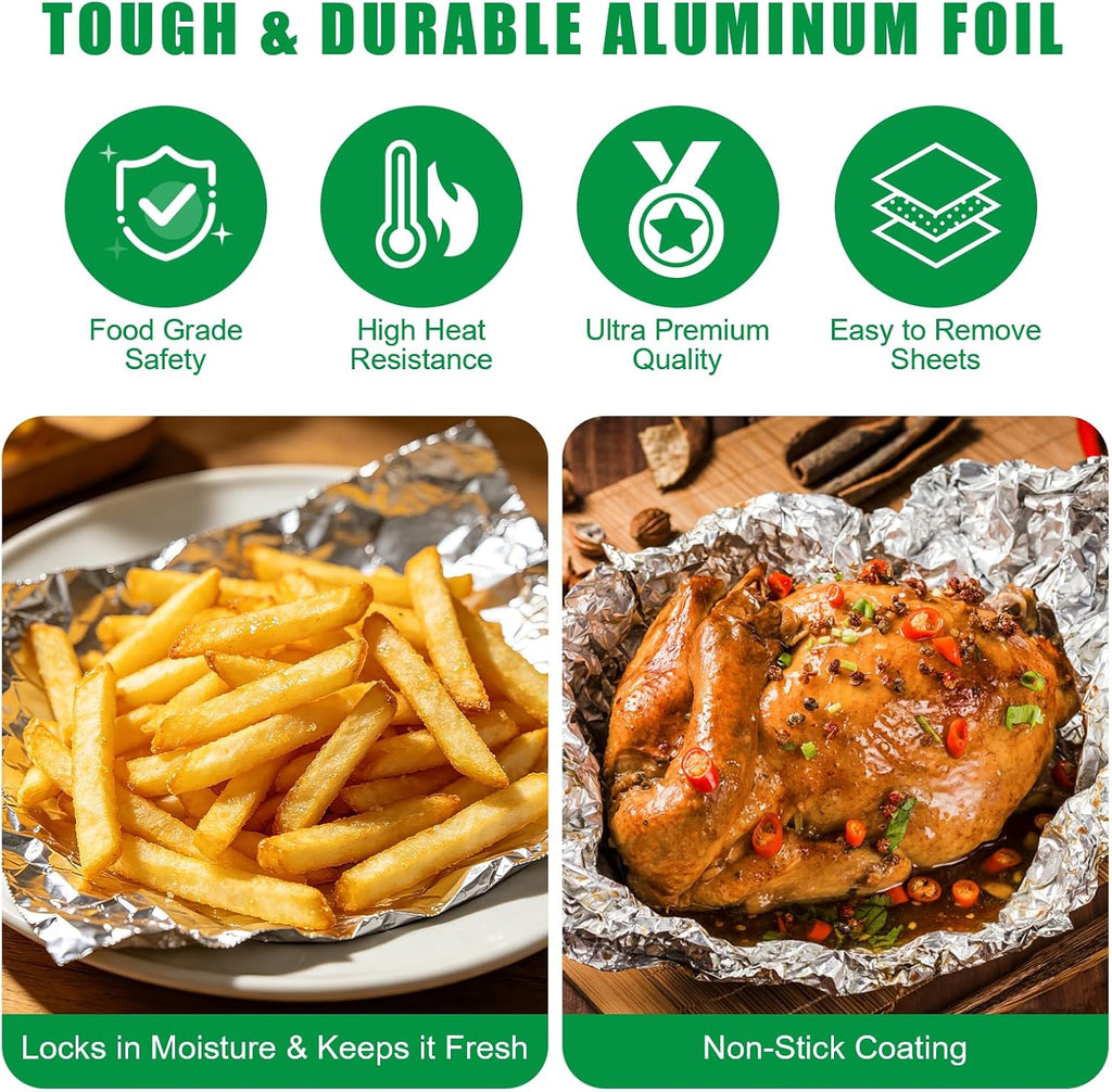 200 Pre-Cut Aluminum Foil Sheets, 9" x 10.75" Pop-Up Foil Sheets for Food, Easy Dispense Packaging, Premium Aluminum