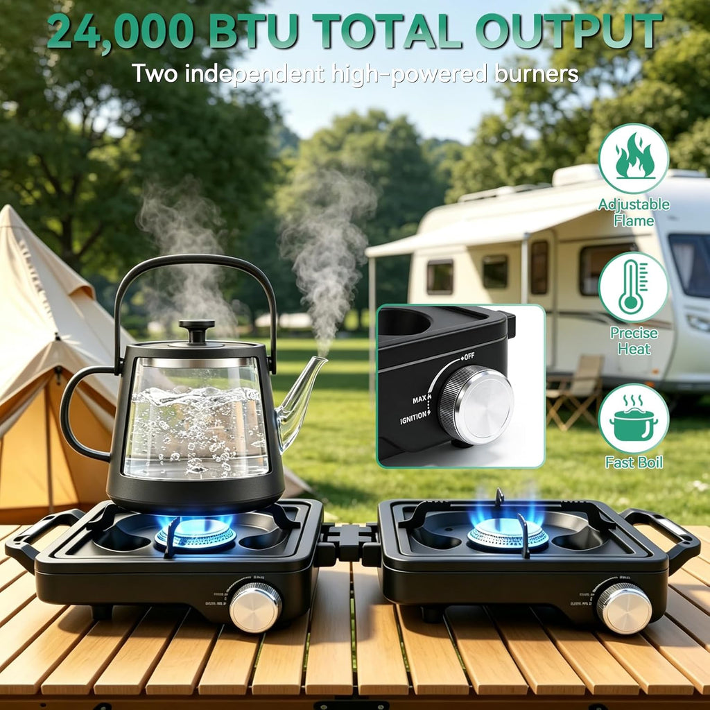 2 Burner Camp Stove 24000 BTU, Portable Propane Camping Stove with Windshield, Foldable Gas Stove with Adjustable