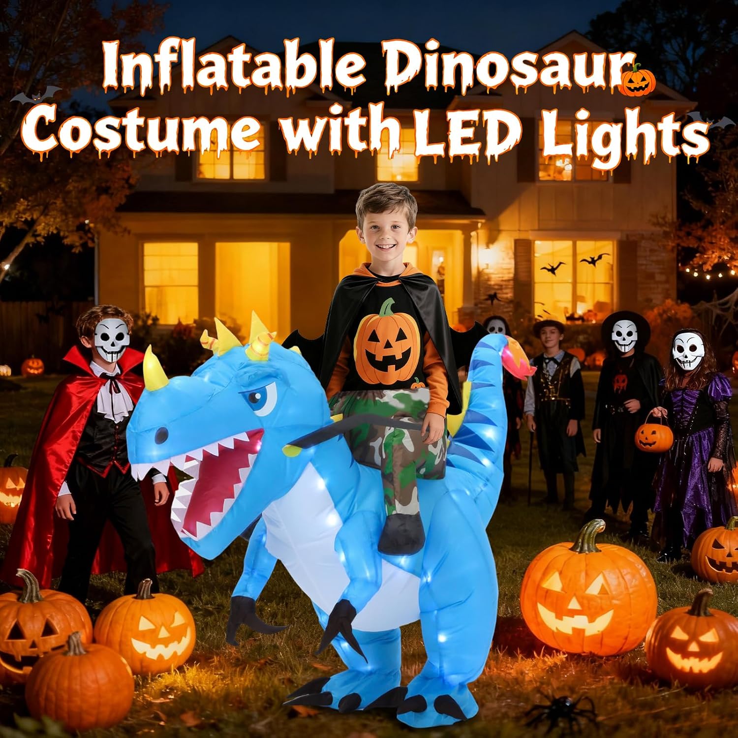 Inflatable Dinosaur Costume for Kids Light Up T-Rex Funny Blow Up Halloween Party Cosplay Dress Up Outfit Boys