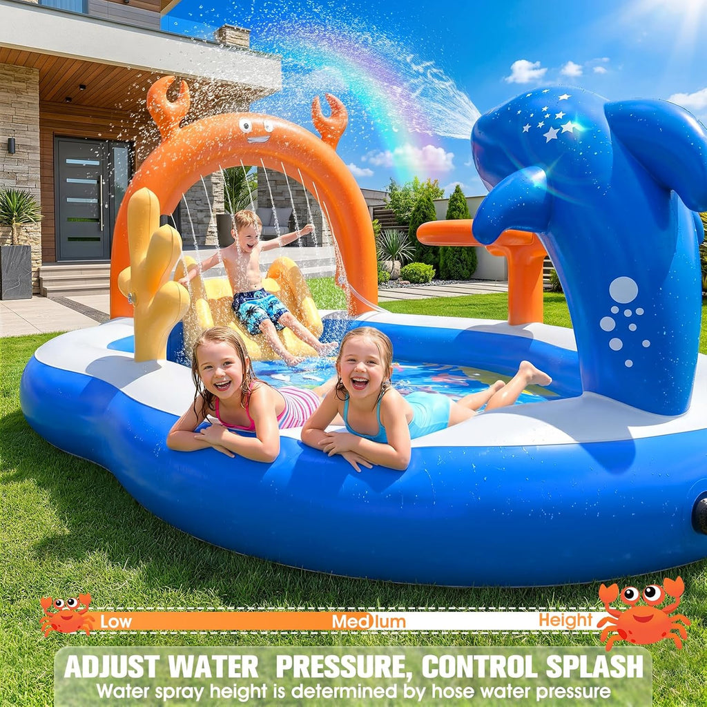 2026 Large Inflatable Play Center,Toddler Pool with Water Slide&Sprinkler,120"x70"x50"Inflatable Kiddie Pool with
