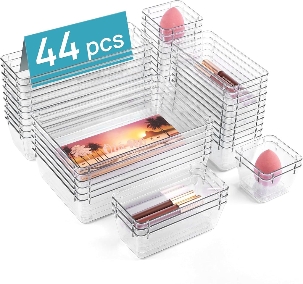 44 PCS Clear Plastic Drawer Organizers Set, 4-Size Versatile Bathroom and Vanity Organizer Trays, Non-Slip Storage